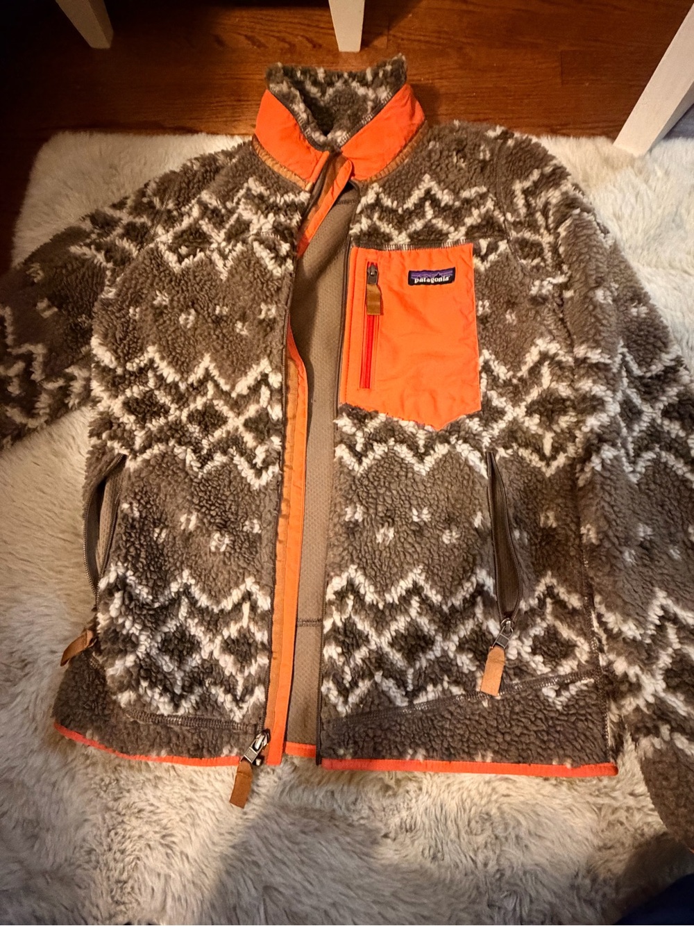 Patagonia Brown and Orange Sherpa Zip Puffer Jacket